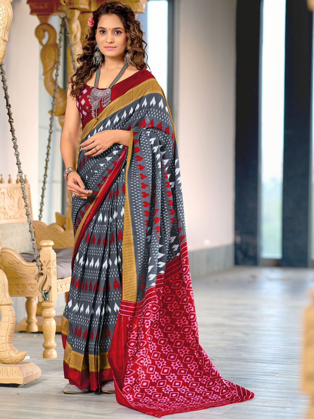 Moda Rapido Grey & Red Batik Pure Cotton Block Print Saree
