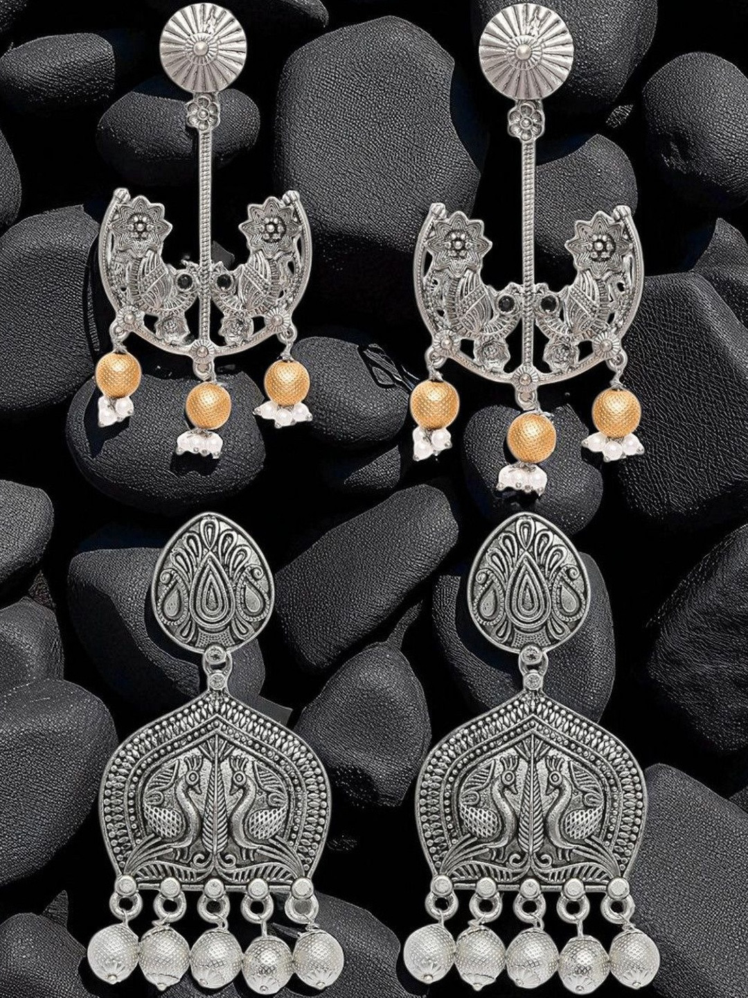 OOMPH Set of 2 Oxidised Silver Ethnic Drop Earrings  Peacock Design with Golden Ghugroo
