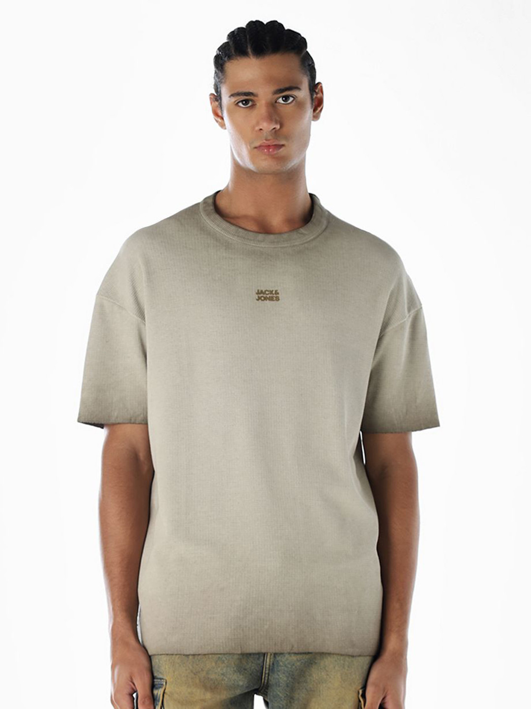 Jack & Jones Sandune Men Self Design Drop-Shoulder Sleeves Crew Neck T-shirt