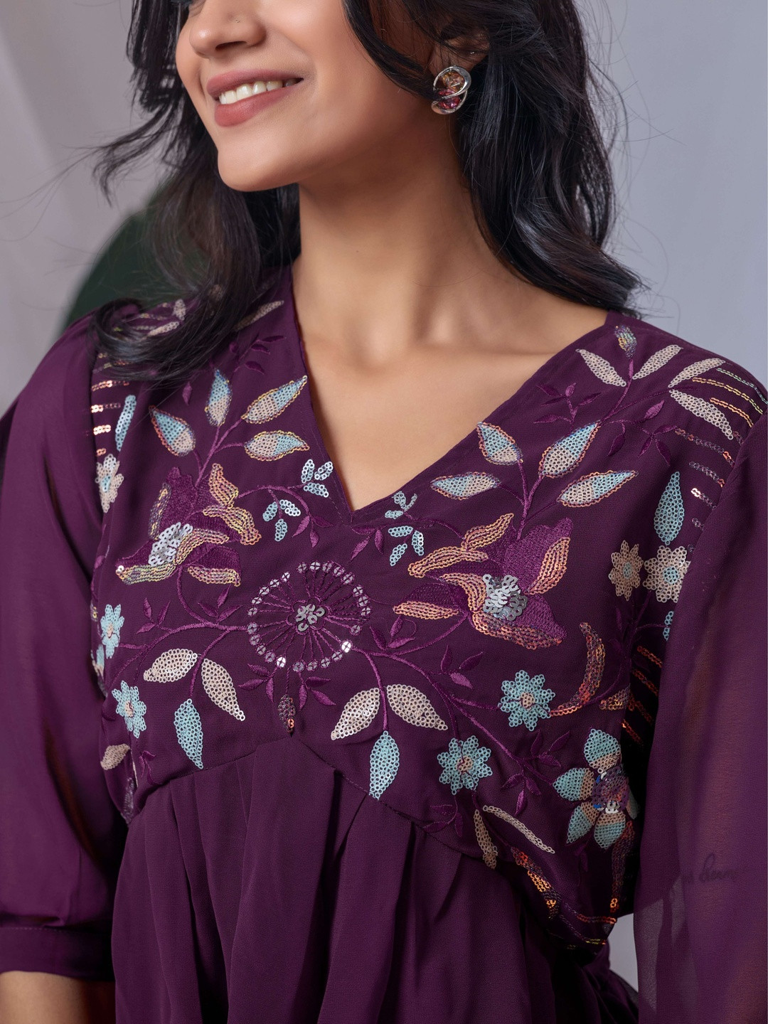 ZELZIS  Women Purple Georgette V-Neck Floral Embroidered Tunic Top