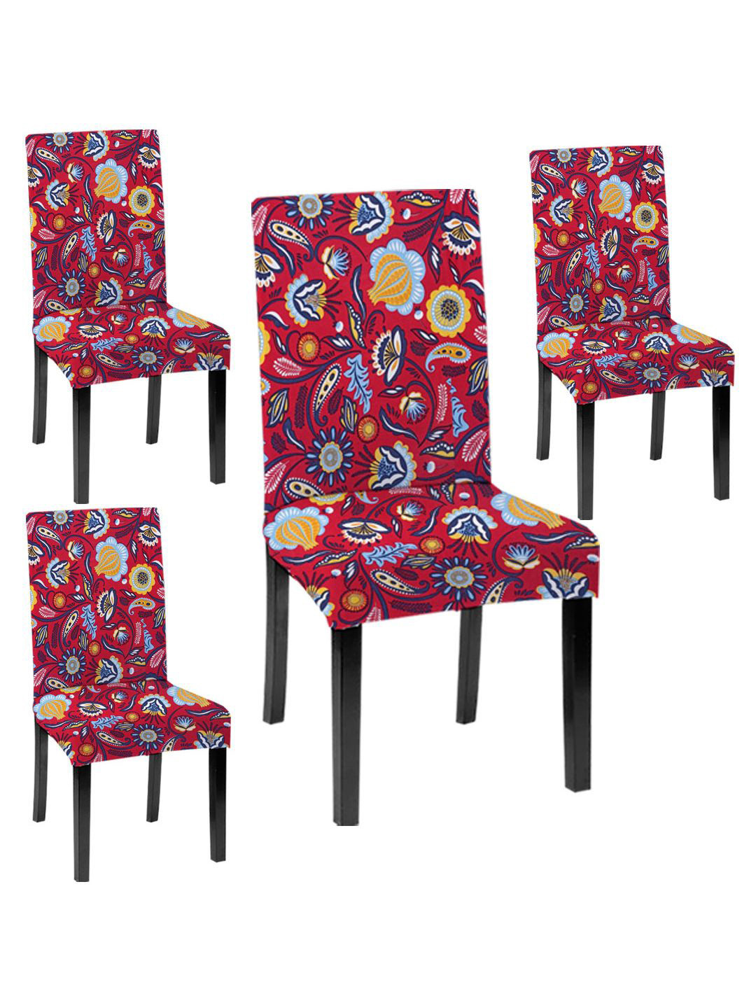 Lazi 200 GSM 4 Pieces Red & Blue Floral Stretchable Dining Chair Covers