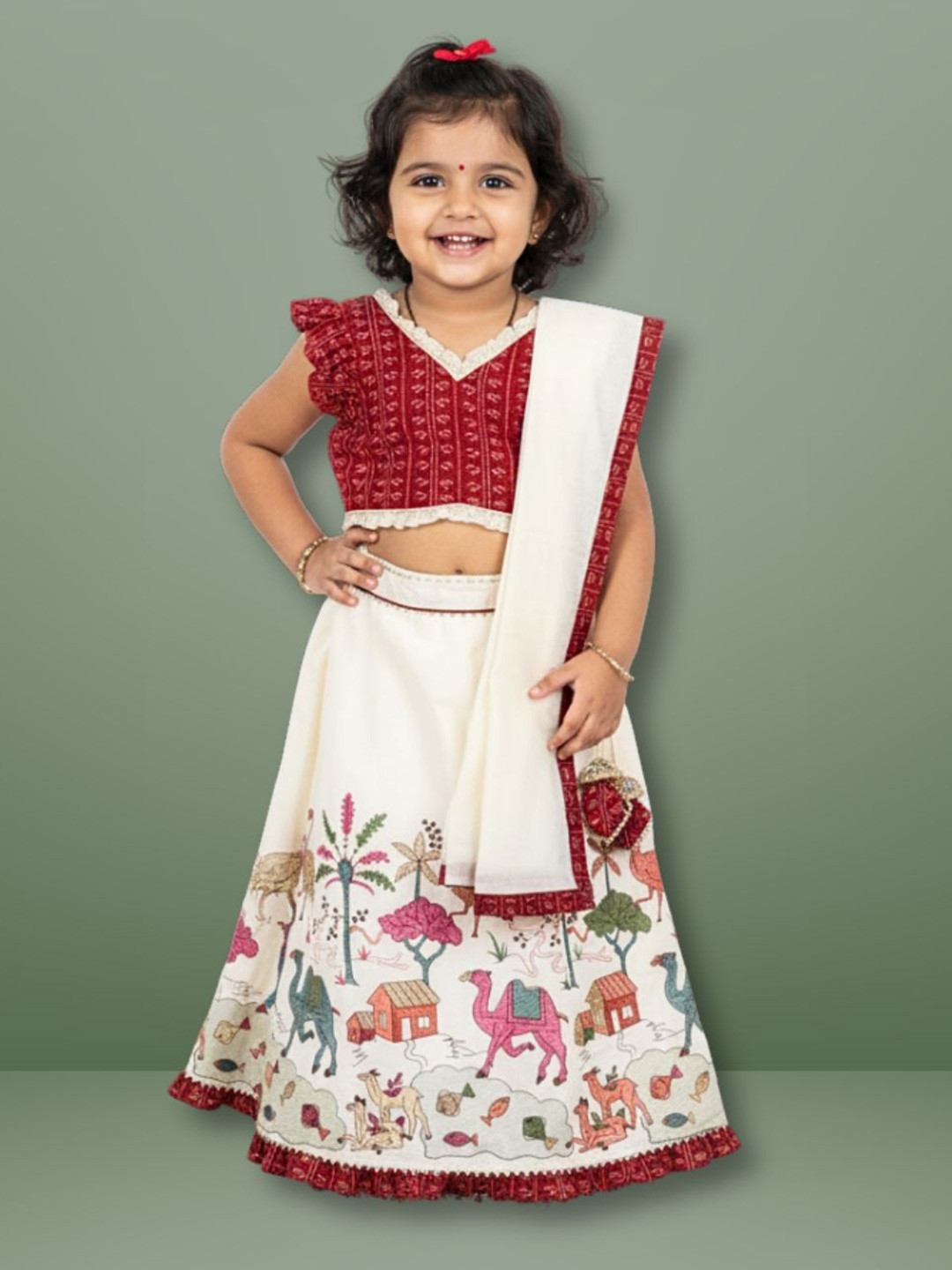 EARTHY TWEENS Girls Printed Ready to Wear Cotton Lehenga & Blouse With Dupatta