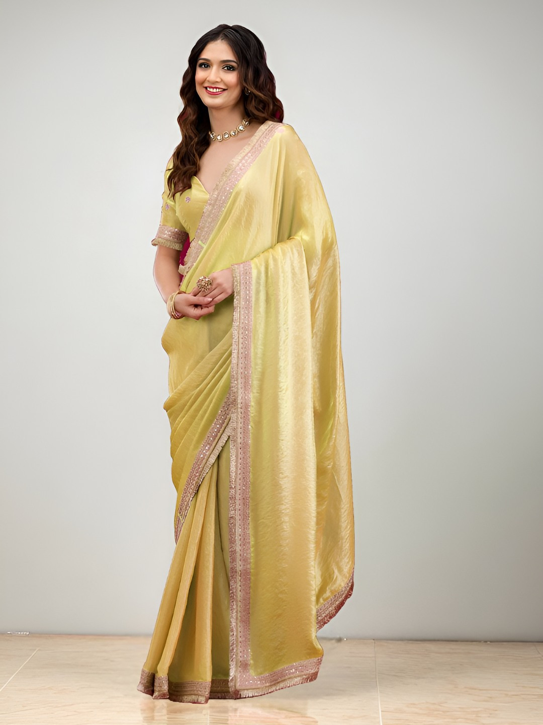 MADHUR HAND WORK ART Solid Embellished Border Tissue Saree