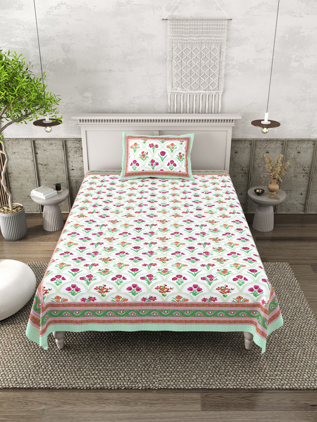 Plarsh Comfort White Floral Printed Cotton 240 TC Single Bedsheet Set 1.6m x 2.29m