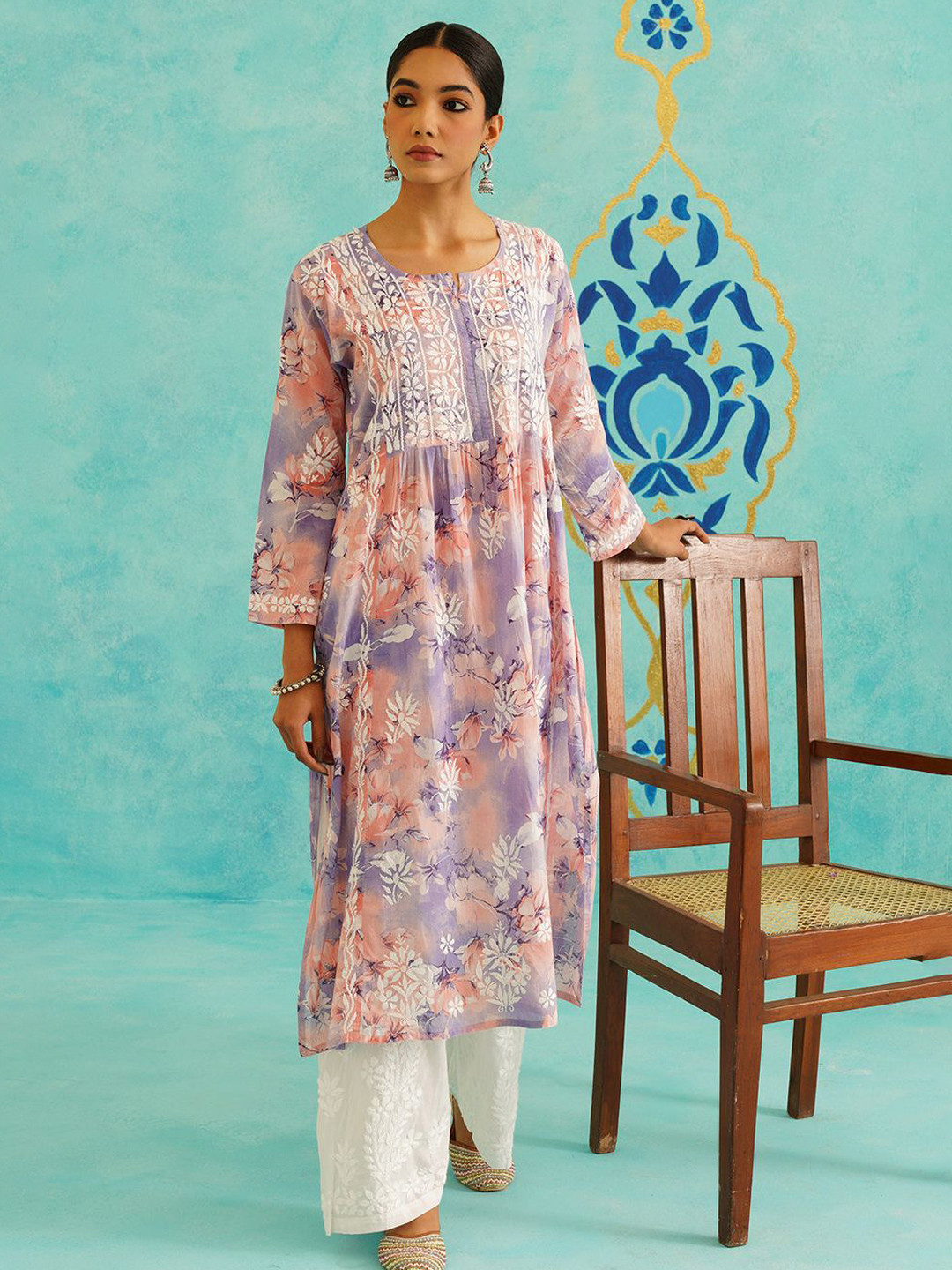 Saaya the label Women Floral Printed Round Neck Thread Work Cotton Kurta