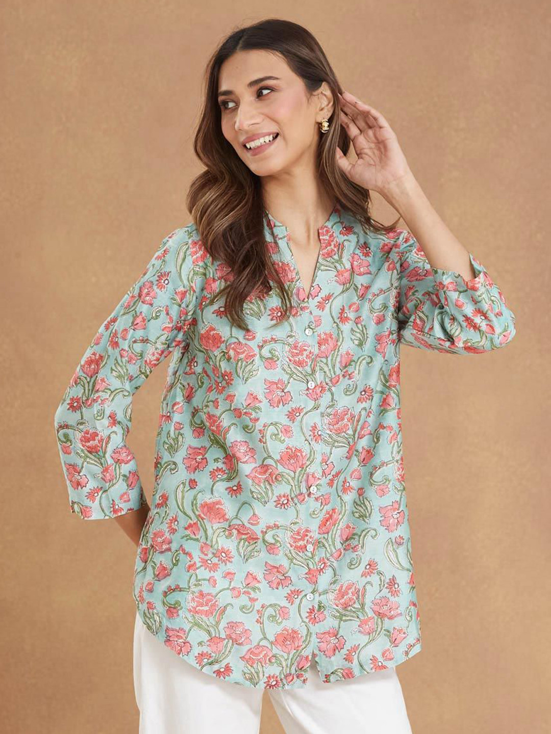 Fabindia Women Mandarin Collar Ethinic Printed Tunic
