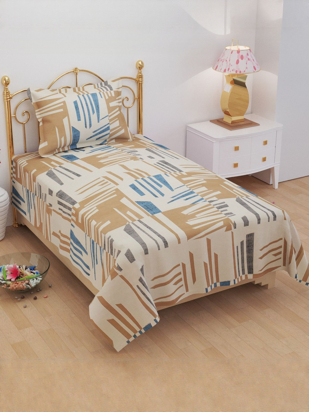 FURNOFY Beige & Blue Printed Single Superfine Bedsheet with 1 Pillow Cover