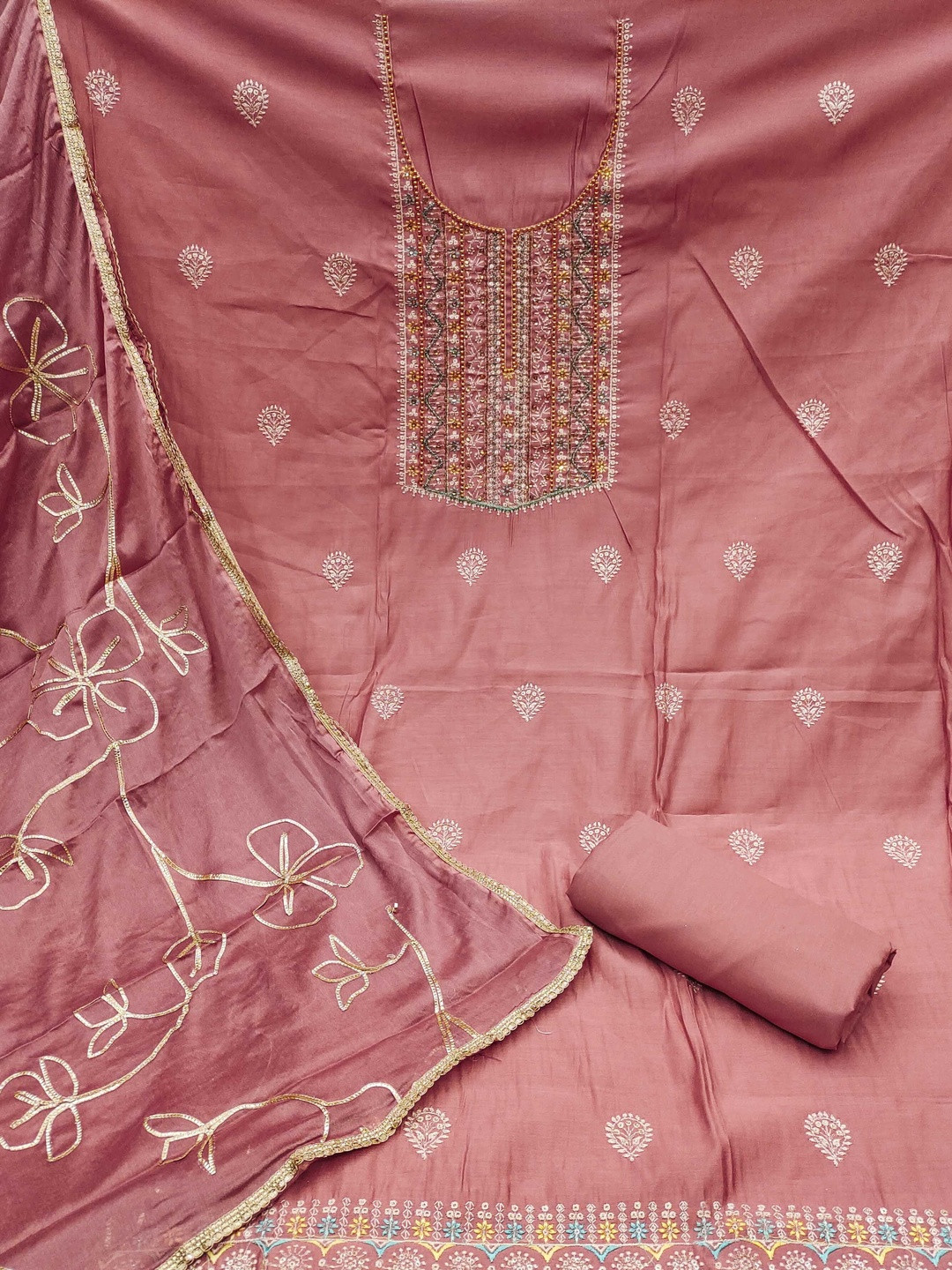 KALINI Cotton Blend Pink Woven Design Dress Material