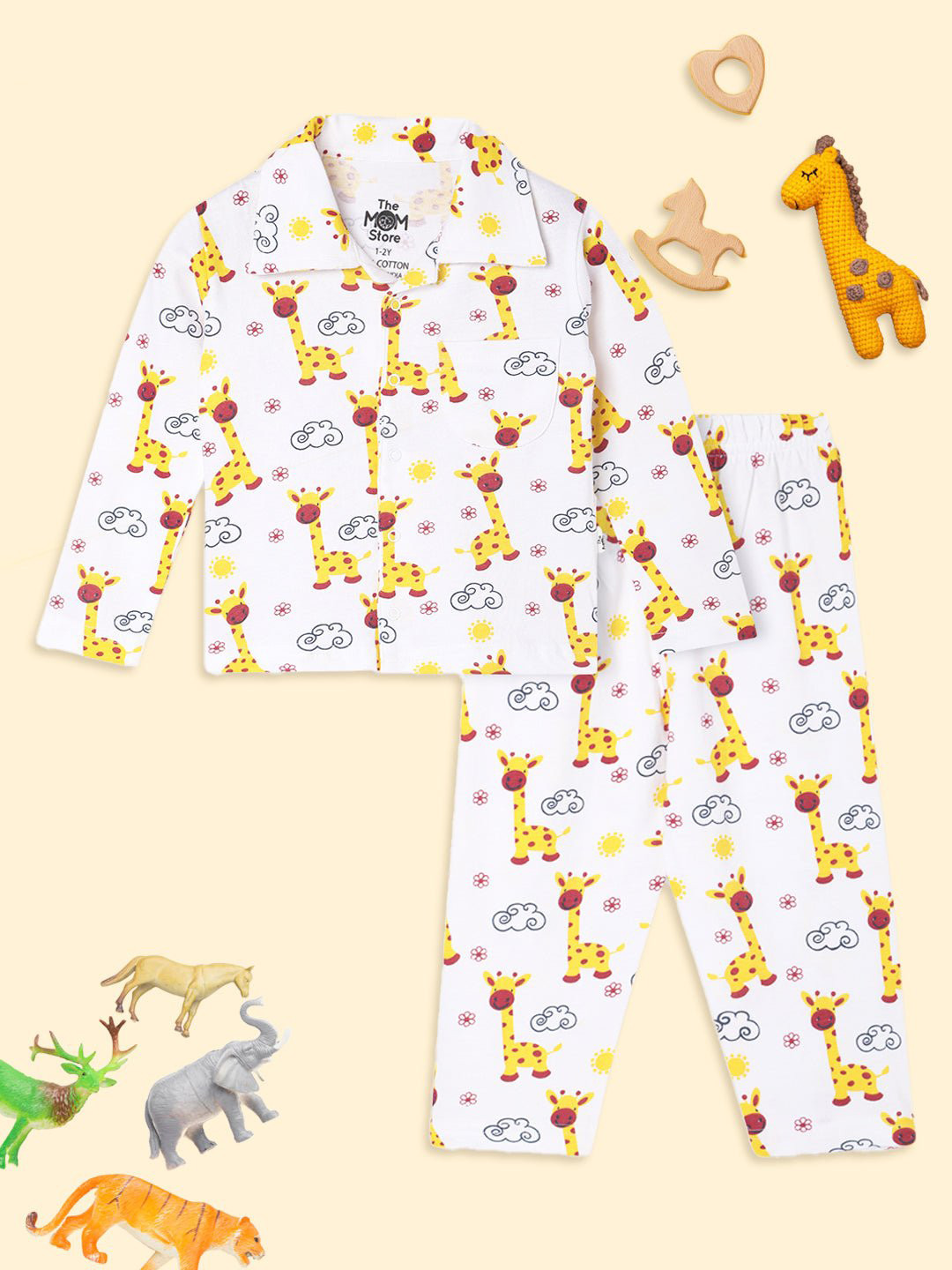 The Mom Store Unisex Kids White & Yellow Printed Night suit