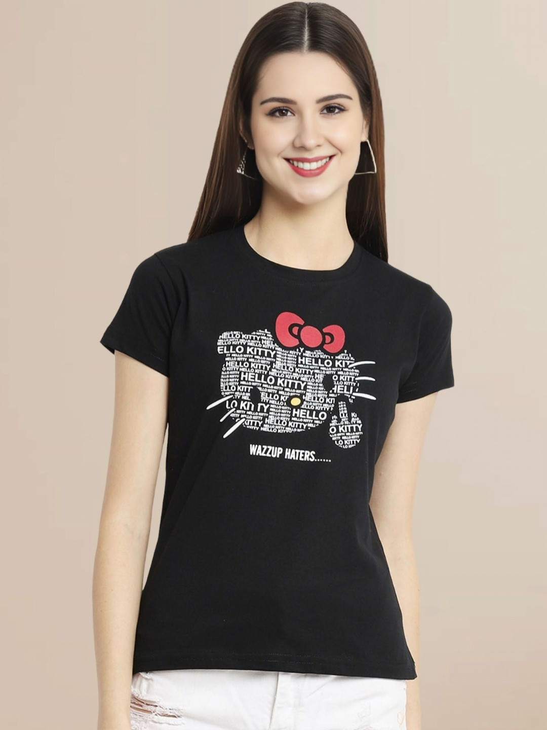 Fabflee Women Round Neck Hello Kitty Graphic Printed T-shirt