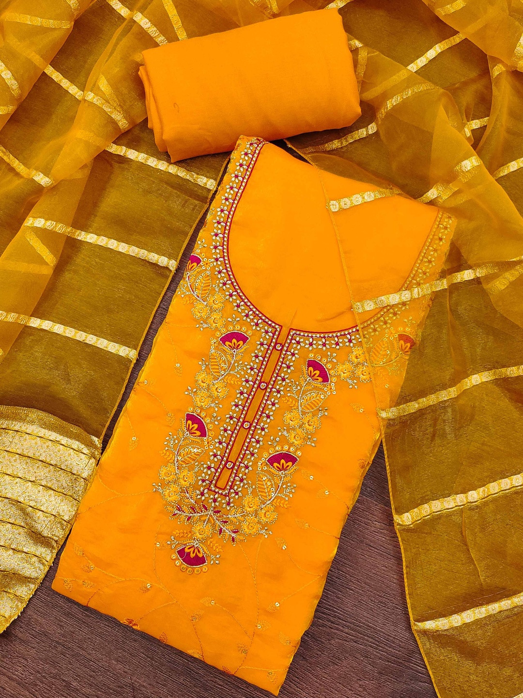 KALINI Women Yellow Sequins Embellished Unstitched Dress Material