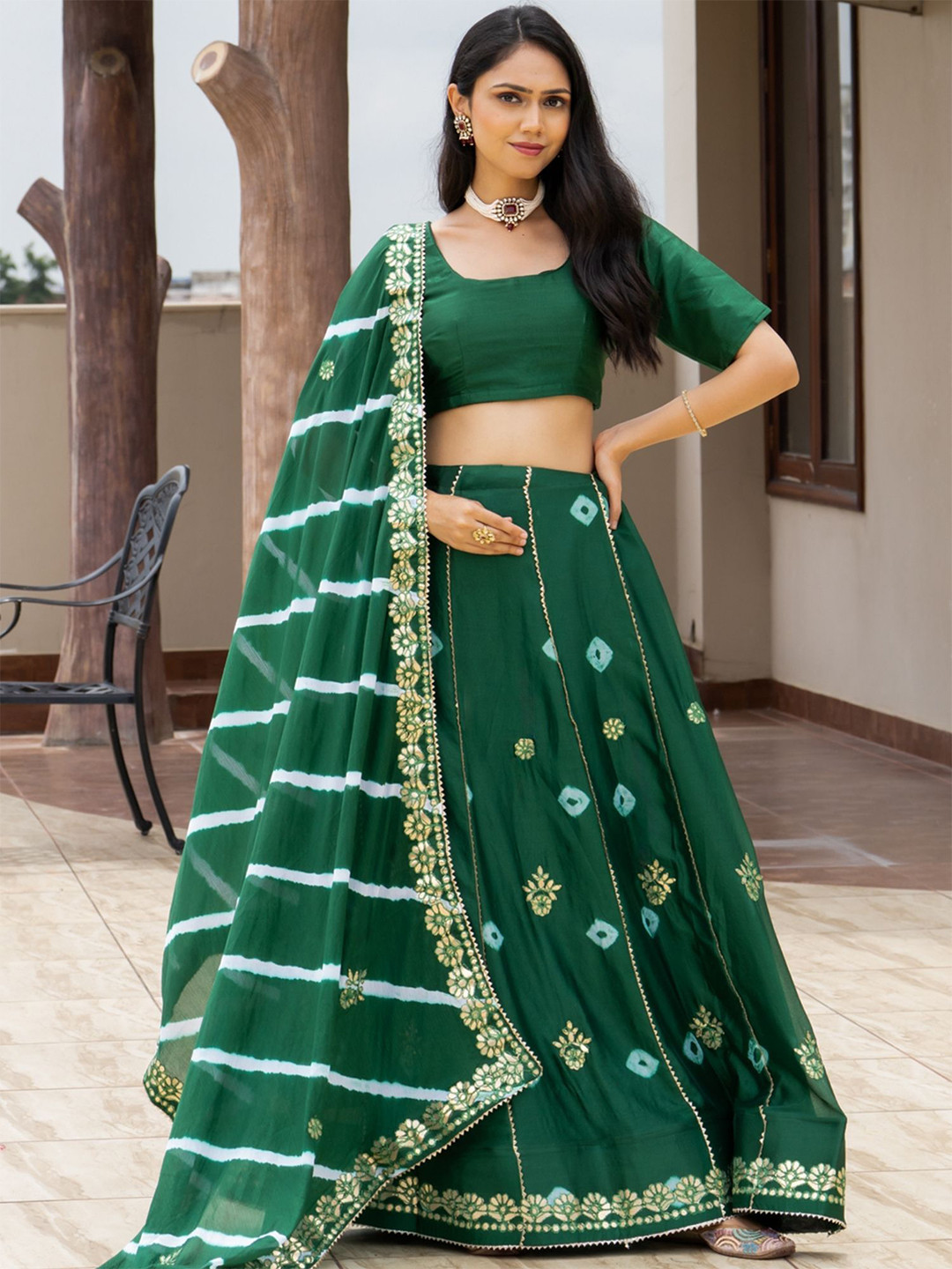 PRETTY PALLU Shine Printed Semi-Stitched Lehenga & Unstitched Blouse With Dupatta