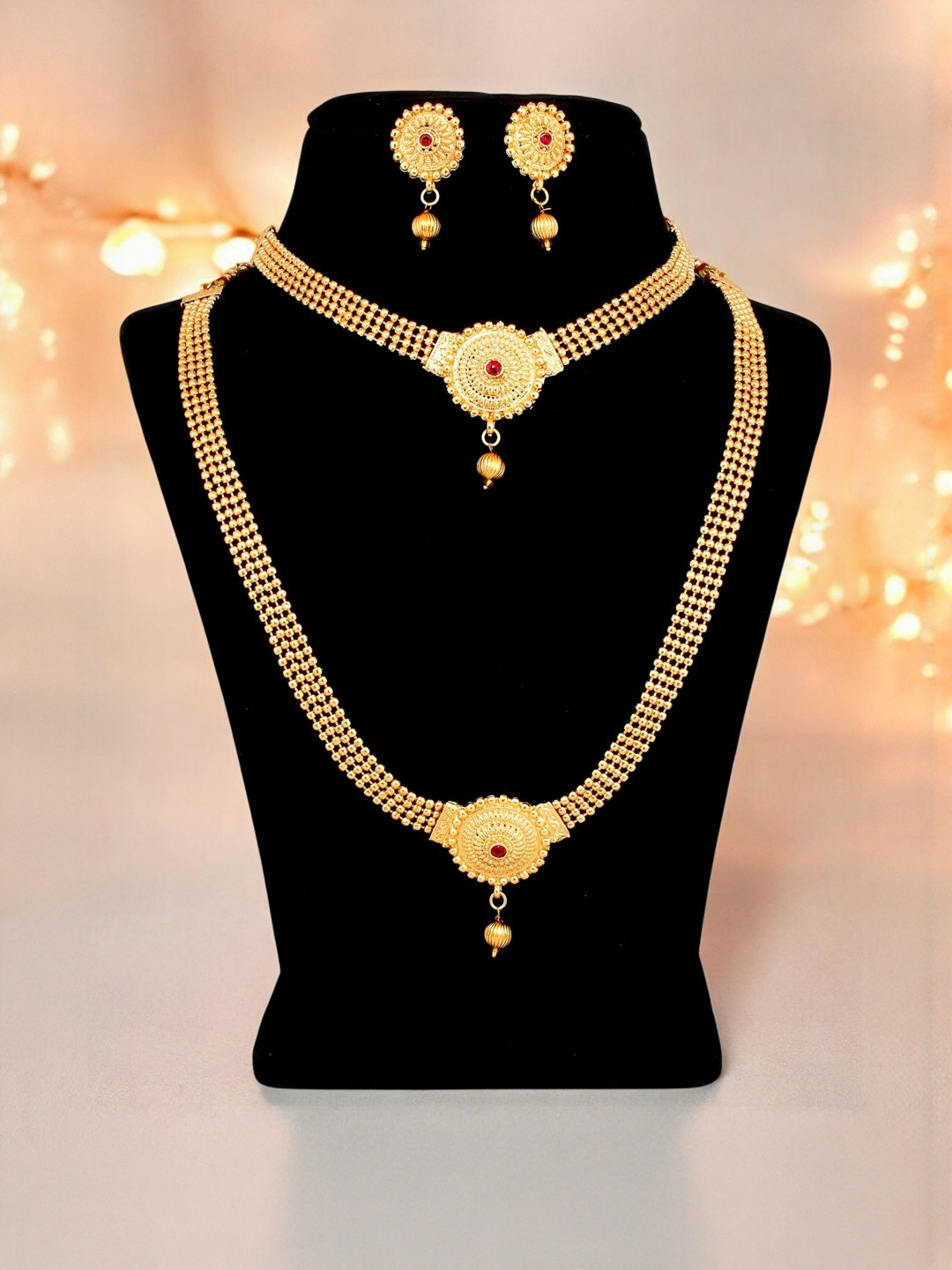 LUCKY JEWELLERY Gold-Plated Stones Studded Choker Double Layer Necklace And Earrings