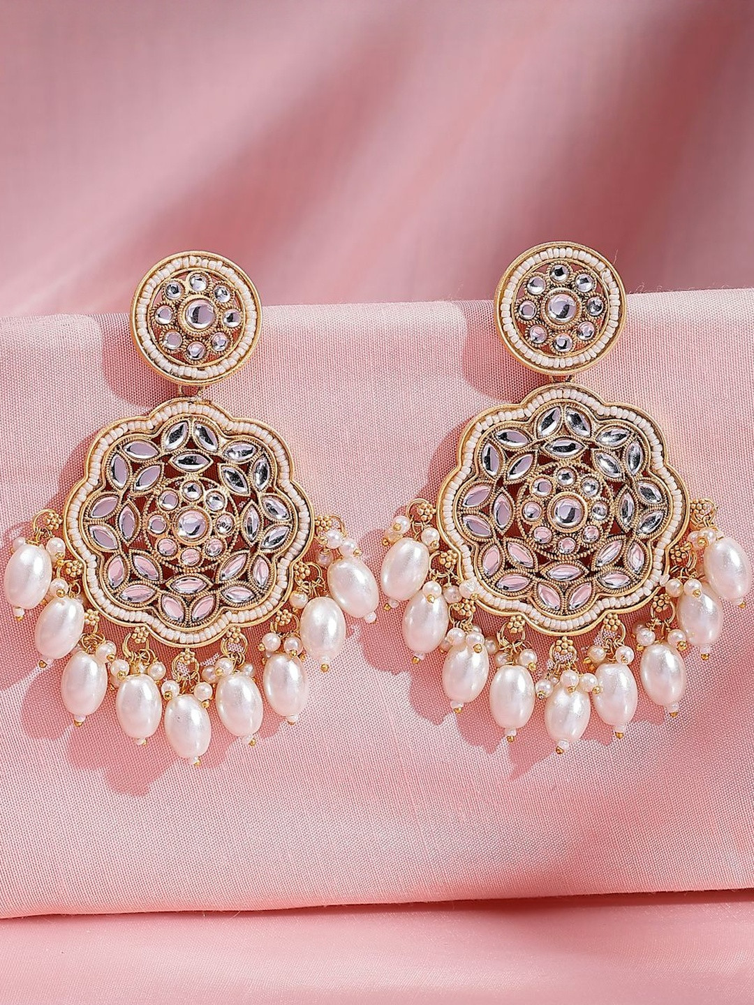 ADIVA 22K Gold Plated Kundan Studded And Pearls Beaded Floral Shaped Drop Earrings