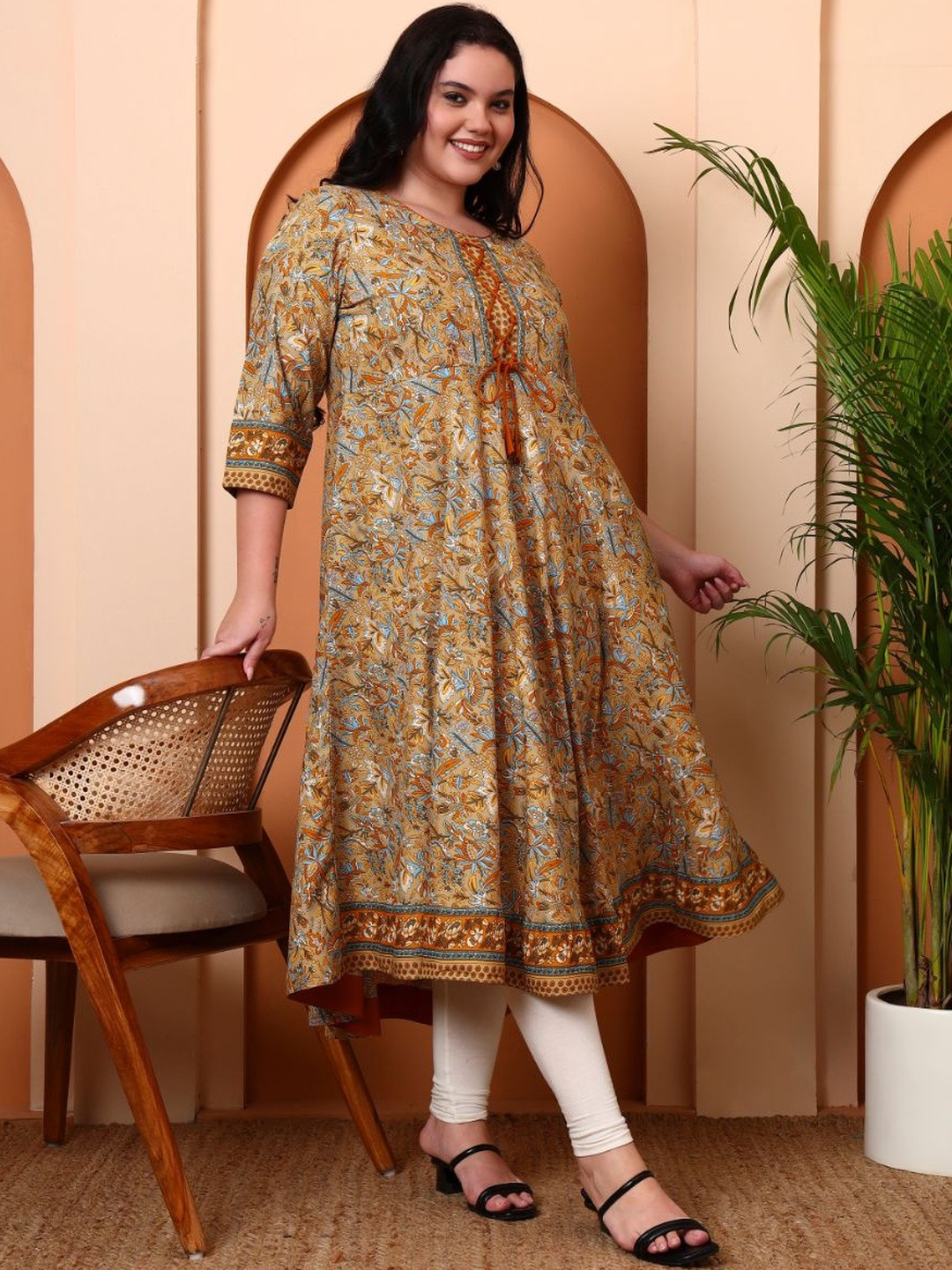 KALINI Women Beige Polyester Round Neck Anarkali Kurtas