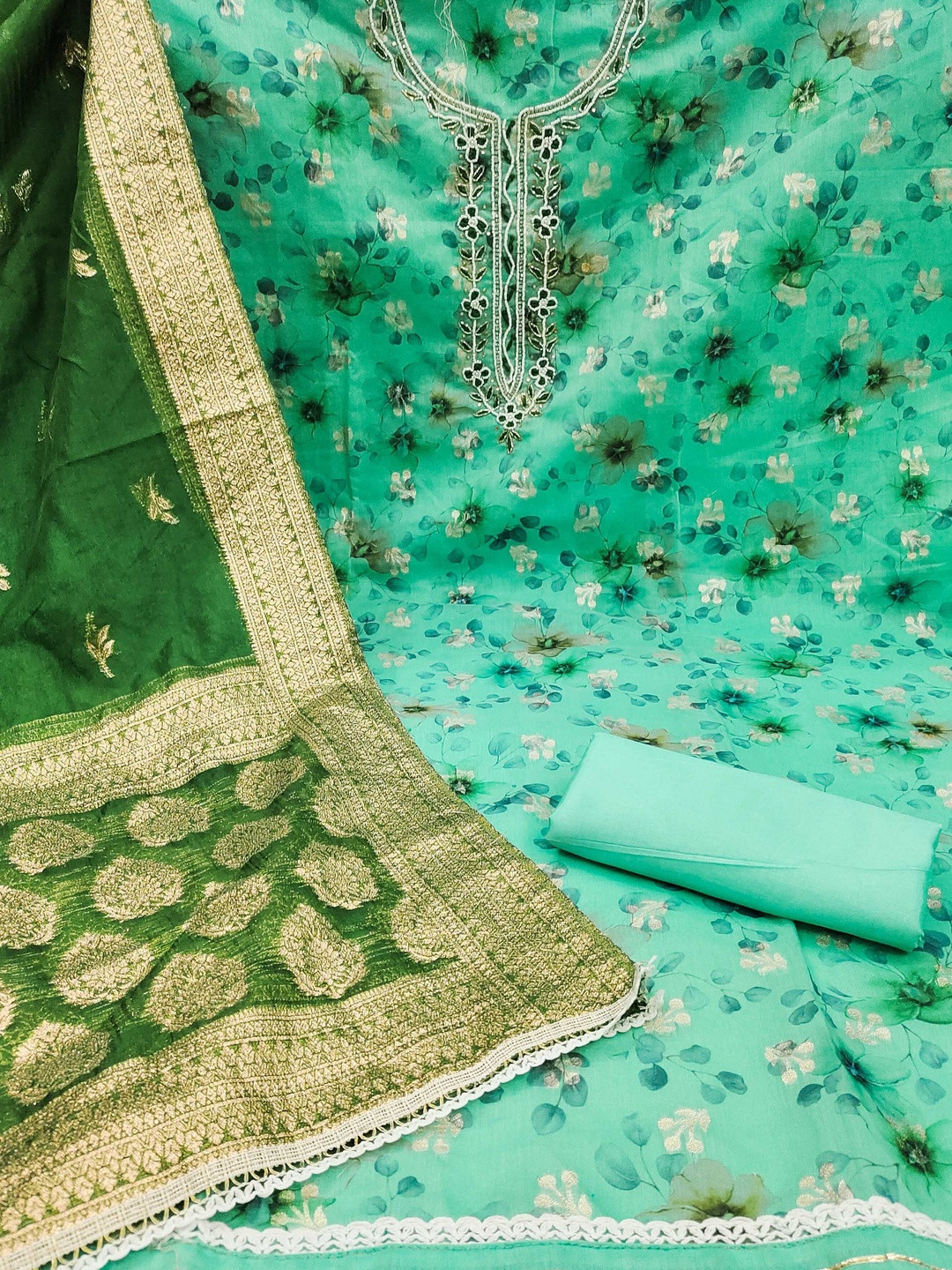 KALINI Silk Blend Sea Green Woven Design Dress Material