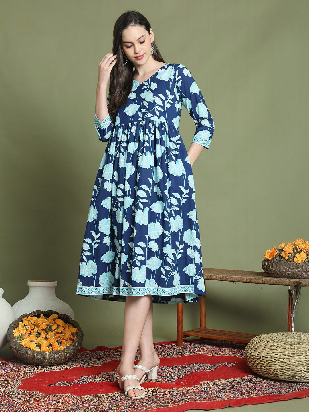 Merira Floral Printed Pure Cotton Empire Dress
