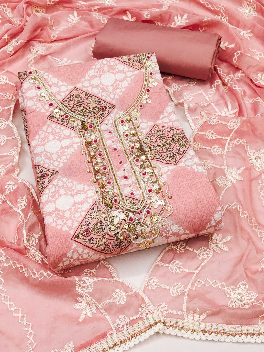 KALINI Cotton Blend Multi Embellished Dress Material