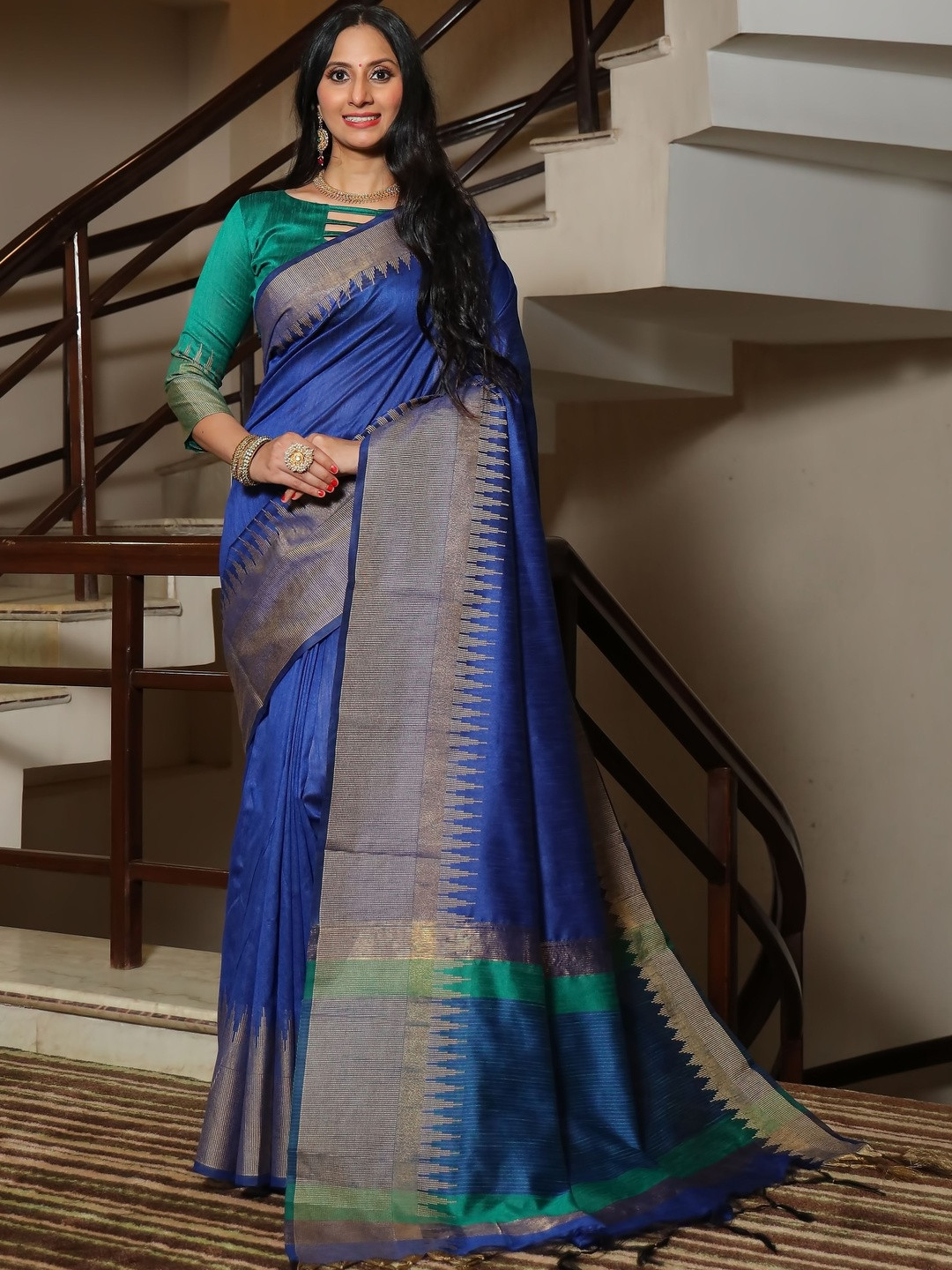 Anouk Navy Blue Striped Banarasi Sarees
