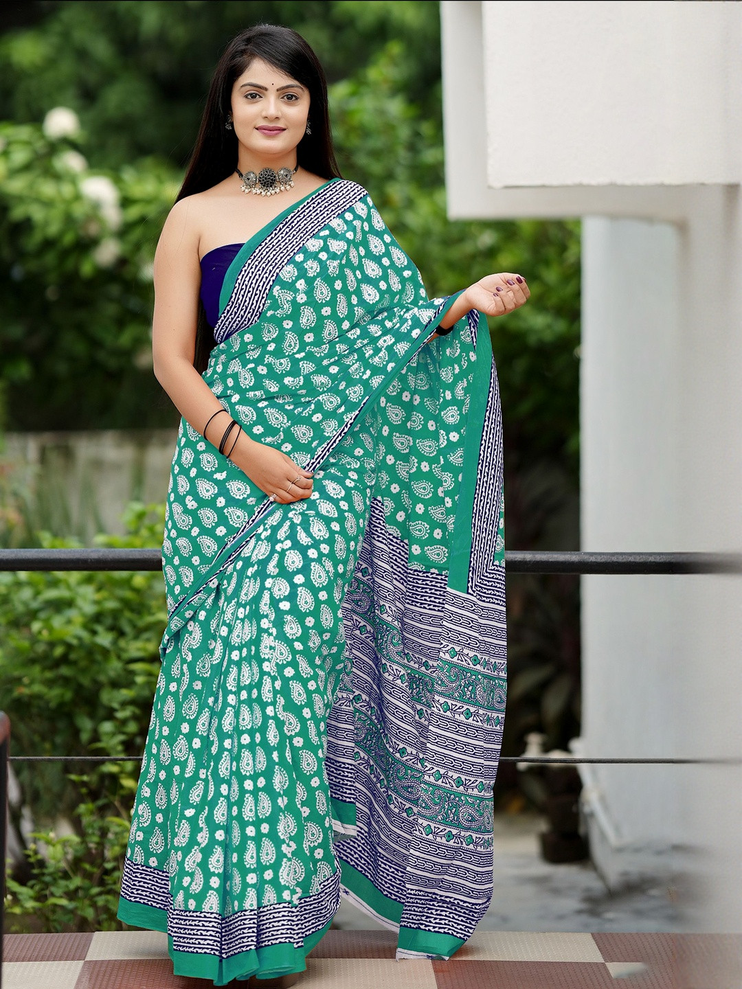 Anouk Teal Batik Pure Cotton Sarees