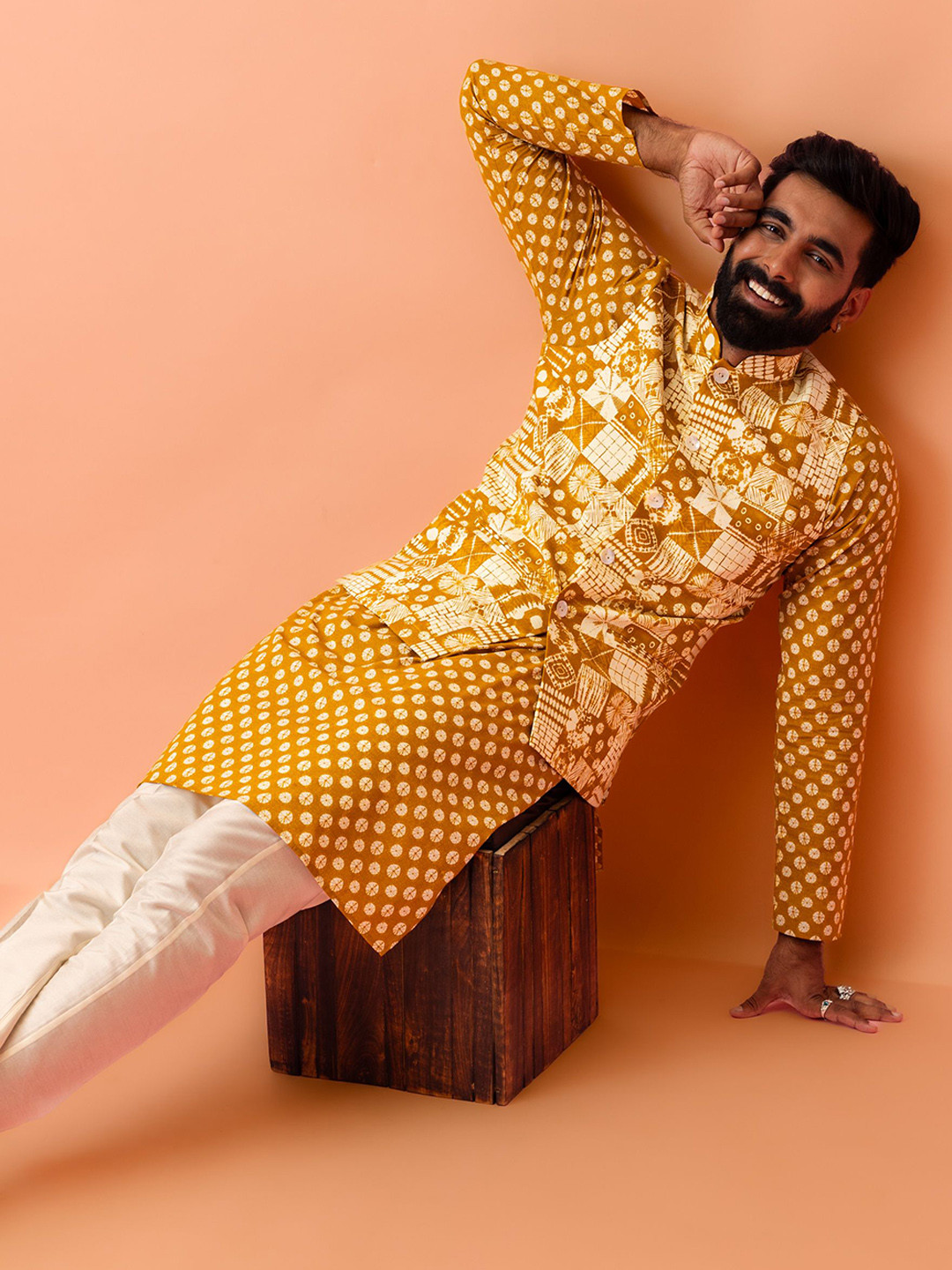KISAH Mandarin Collar Geometric Printed Straight Kurta with Trousers and Nehru Jacket