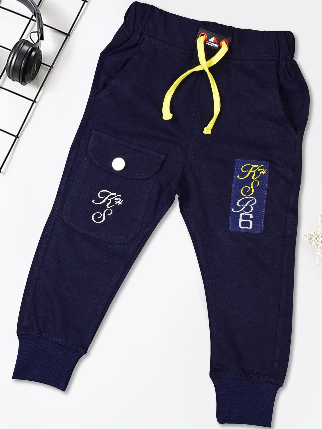 WORTON FASHION Boys Navy Blue Cotton  Track Pants  with yellow drawstring