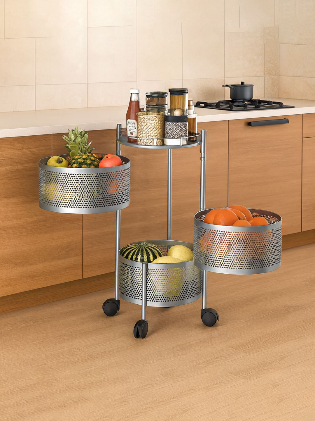 Kuber Industries Silver-Toned 3 Tier Storage Rack Trolley With Wheels