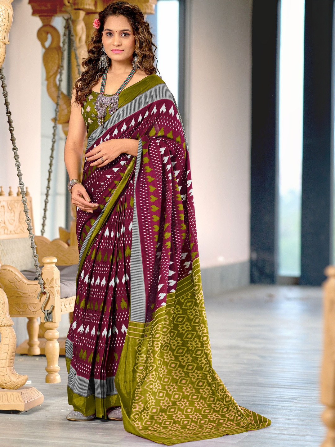 Moda Rapido Maroon & Green Batik Pure Cotton Block Print Saree