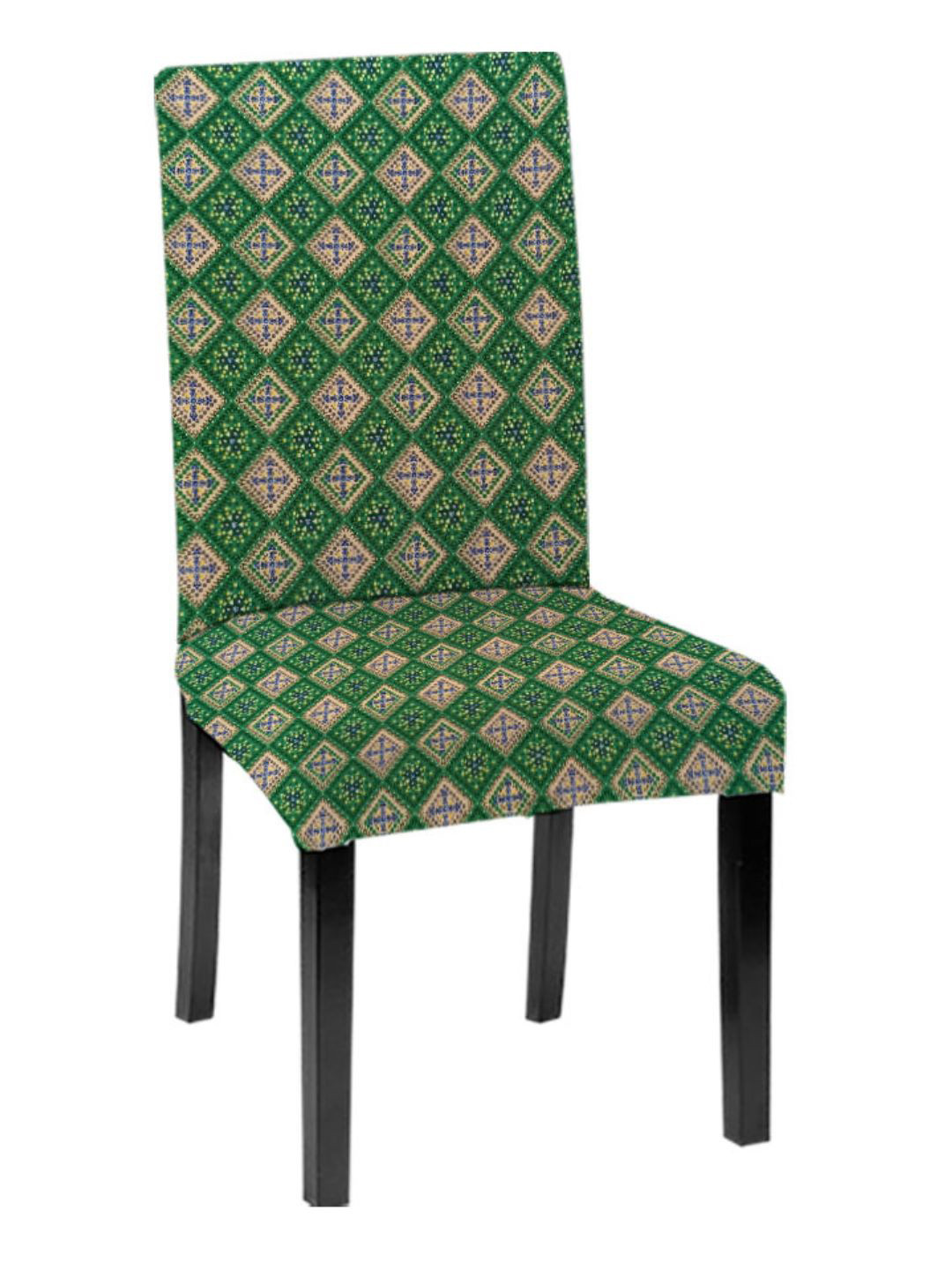 Lazi 200 GSM 1 Piece Green and Pink Geometric Printed Stretchable Dining Chair Cover