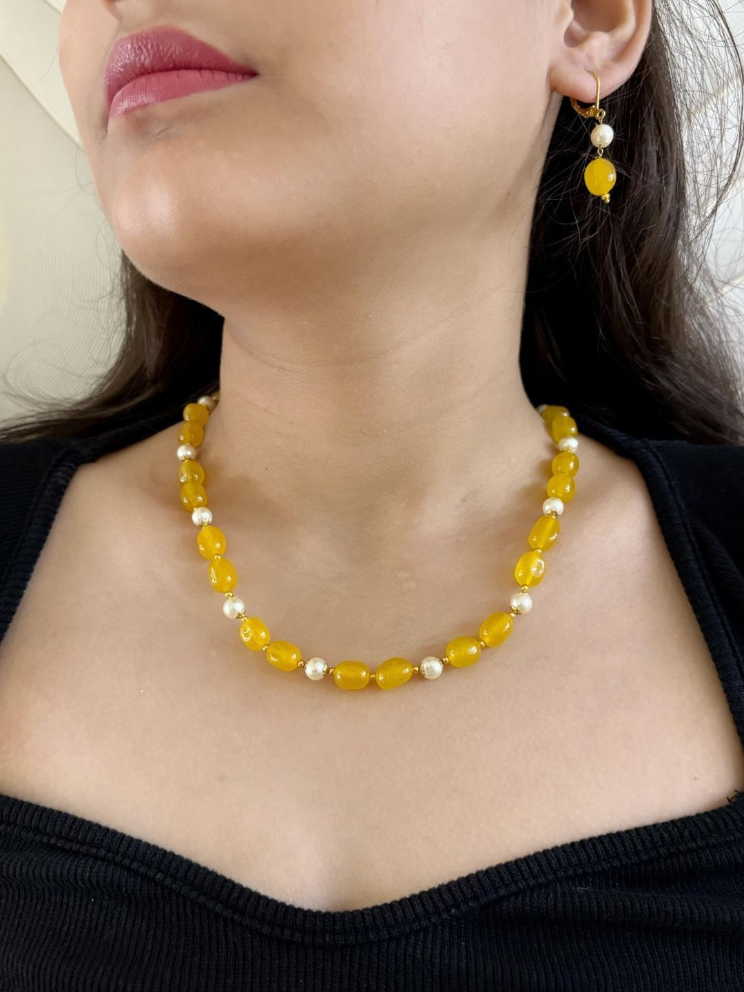 Gehna By Beadazzled Gold Plated Yellow Jade Stone Beaded Necklace Set