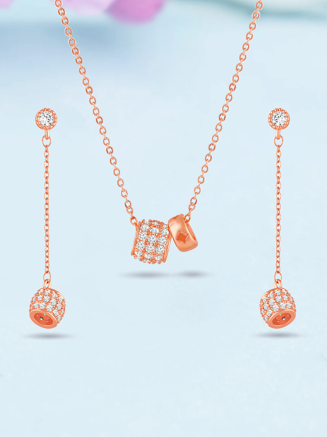 Peora Rose Gold Plated Cubic Zirconia Studded Band Ring Shape Pendant Jewellery Set