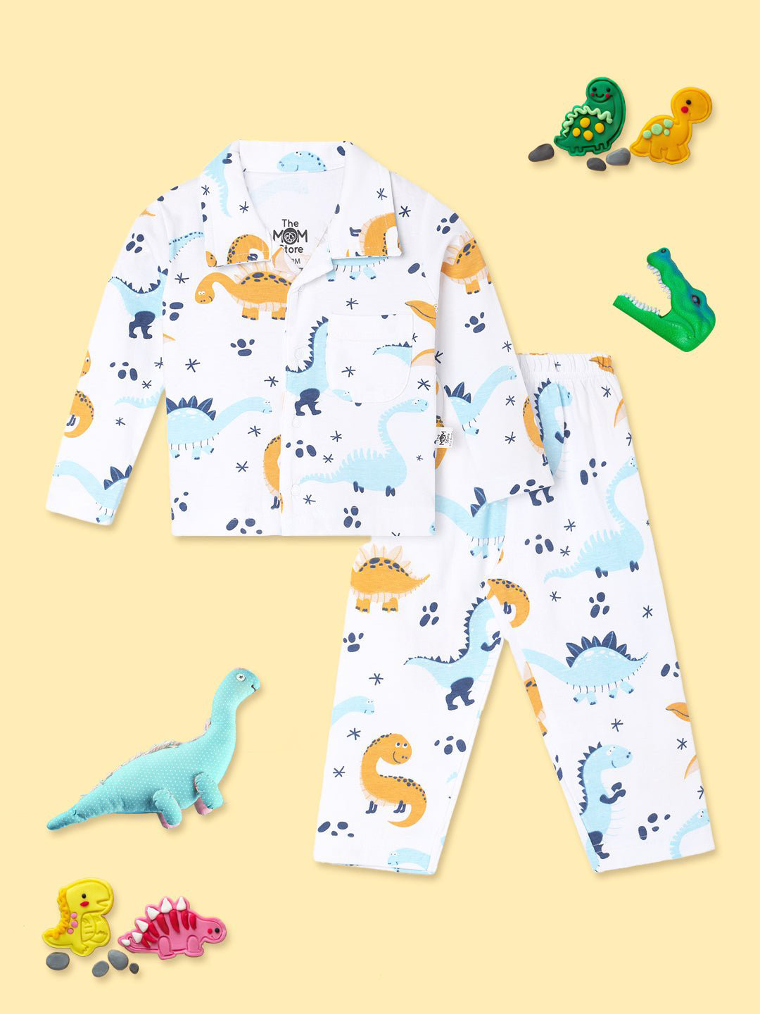 The Mom Store Kids White & Blue Printed Dino Trip Night suit