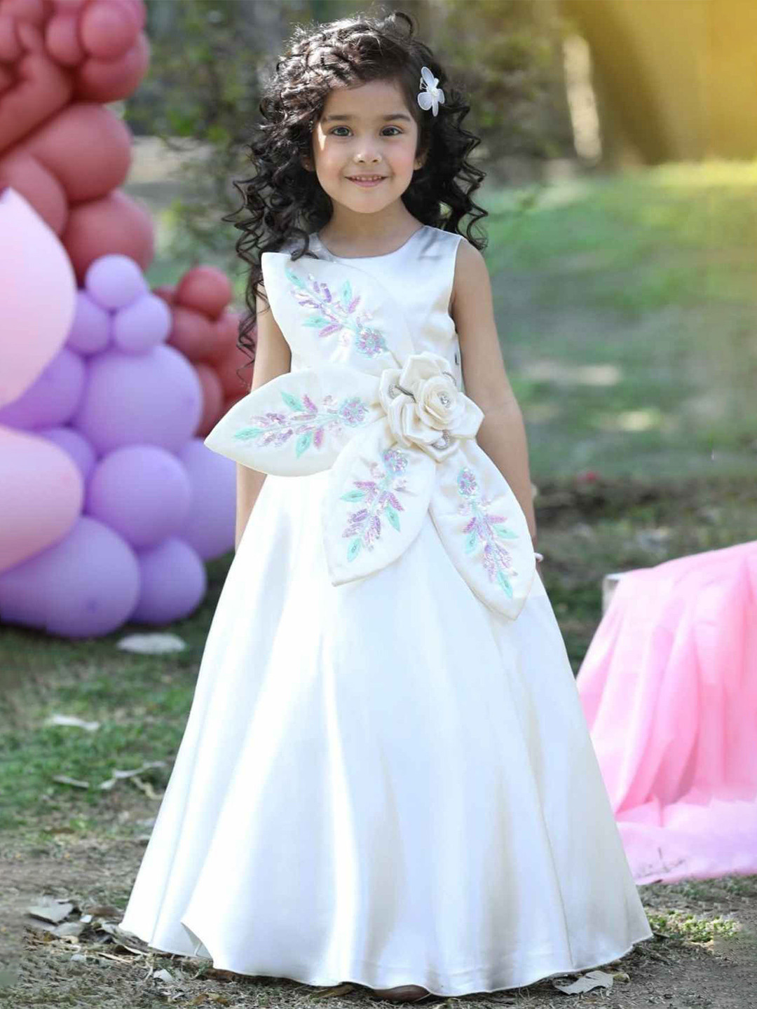 Lagorii Girls White Satin Gown with 3D Floral Embellished And Embroidery Gown