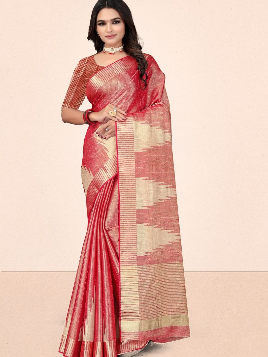 Suha Women Red with Golden Geometric Pallu Linen Blended Jari Saree