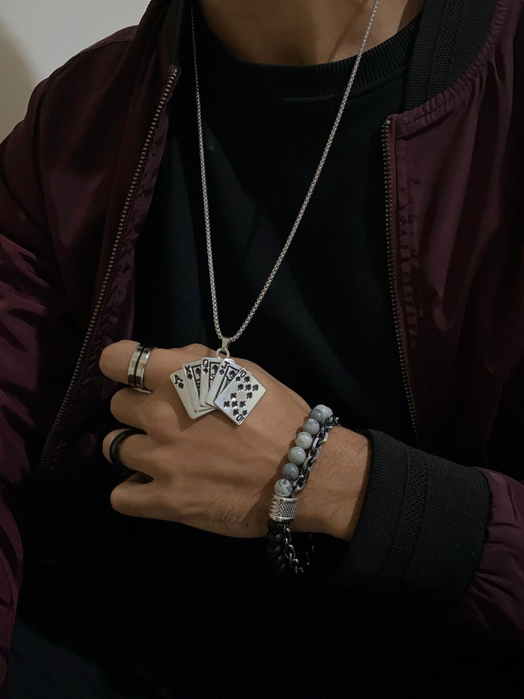 Dipitreats Men The Ace of Spade Silver-Plated Chain