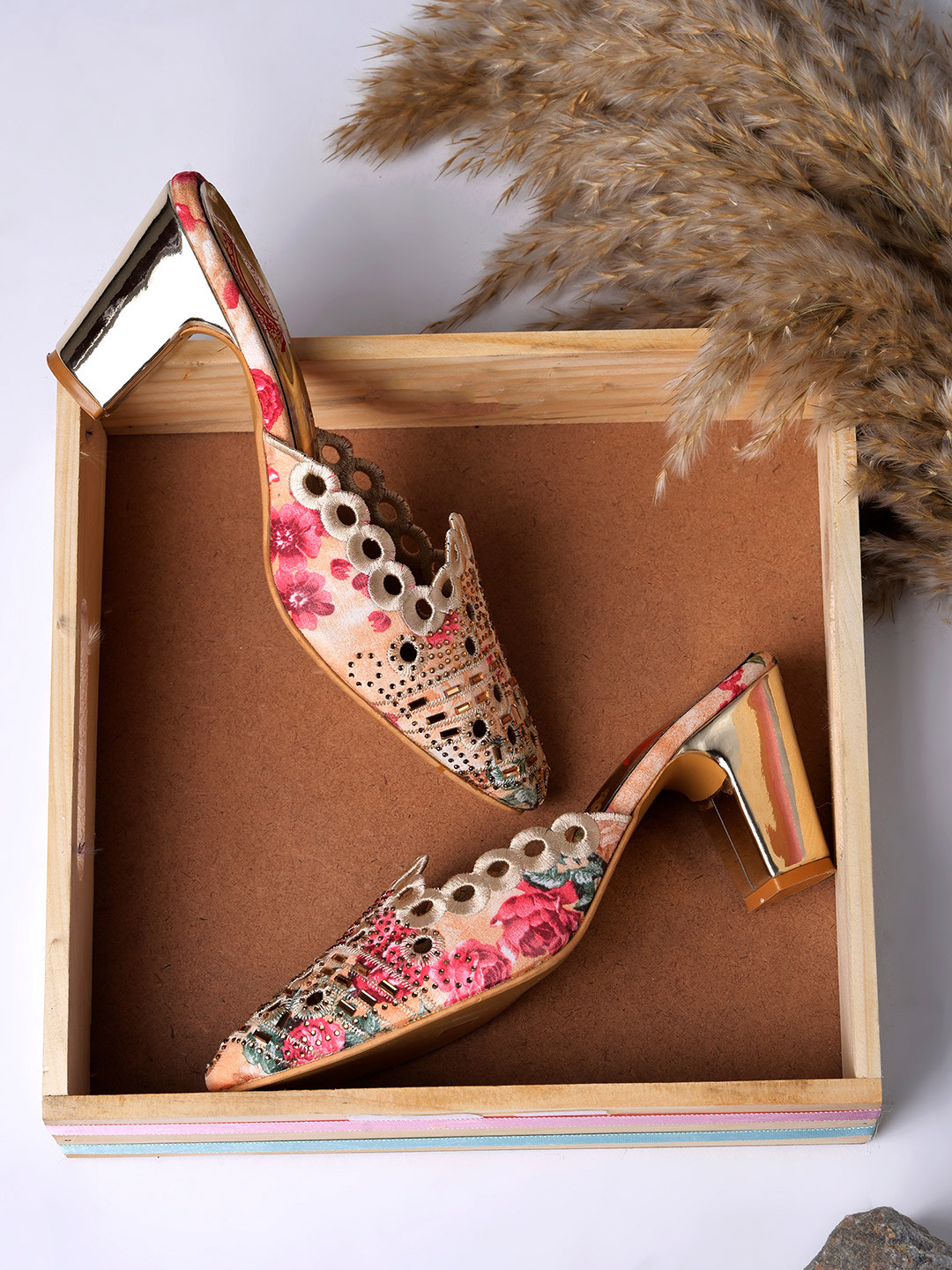 Stylestry Women Printed Block Sandals with Laser Cuts