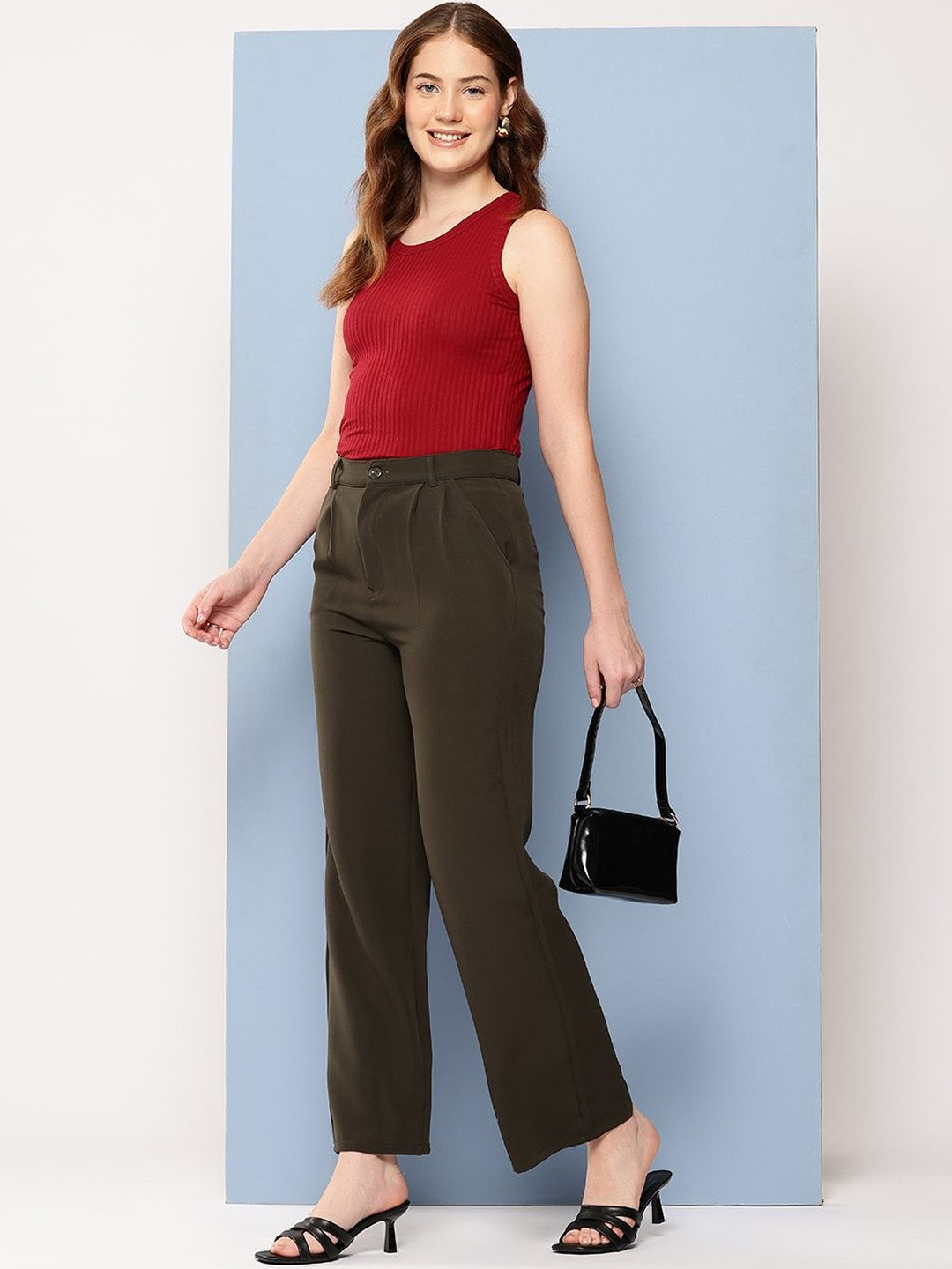 CORSICA Women Green Solid Cotton Casual Wear Crepe Pant