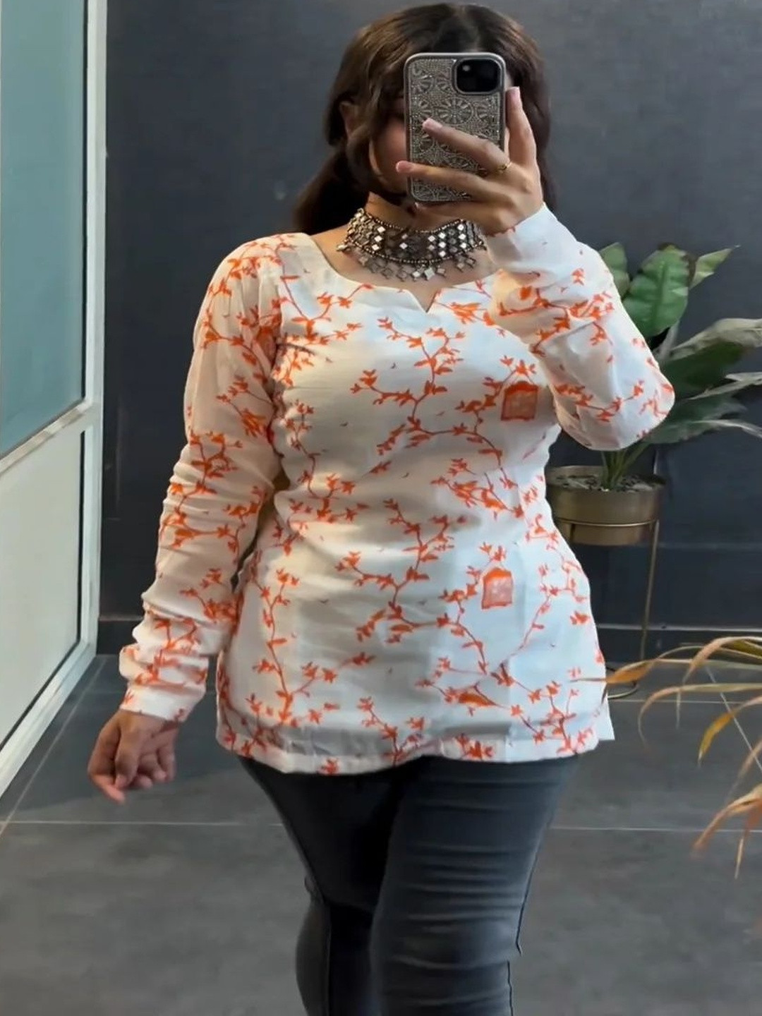 NEW RJP CRAFT Women Orange Bandhani Printed Handloom Kurti