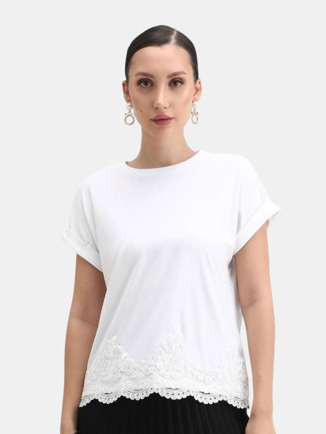 RAREISM CELO Women Round Neck Raglan Sleeves Embroidered Cotton T-shirt