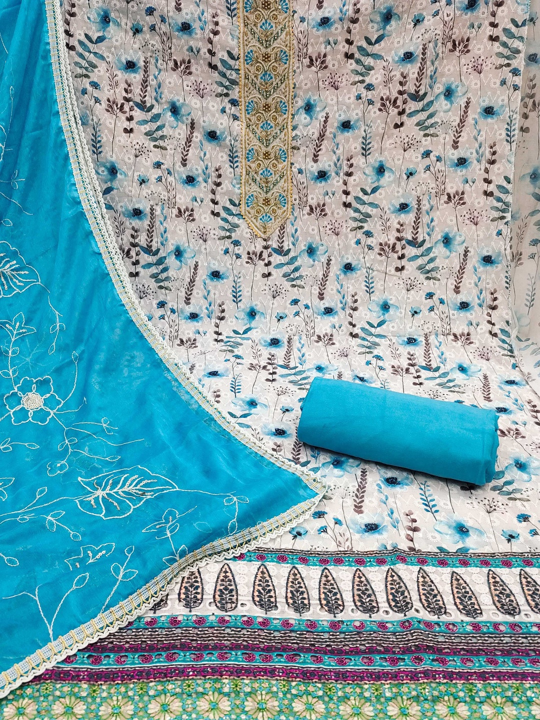 KALINI White & Blue Embroidered Unstitched Dress Material