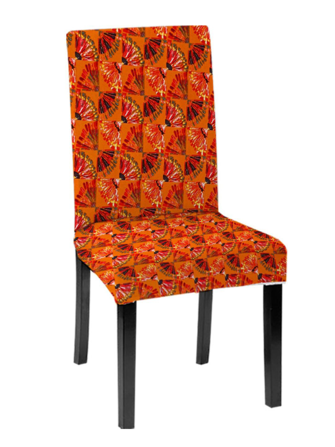 Lazi 200 GSM 1 Piece Orange and Black Abstract Printed Stretchable Dining Chair Cover