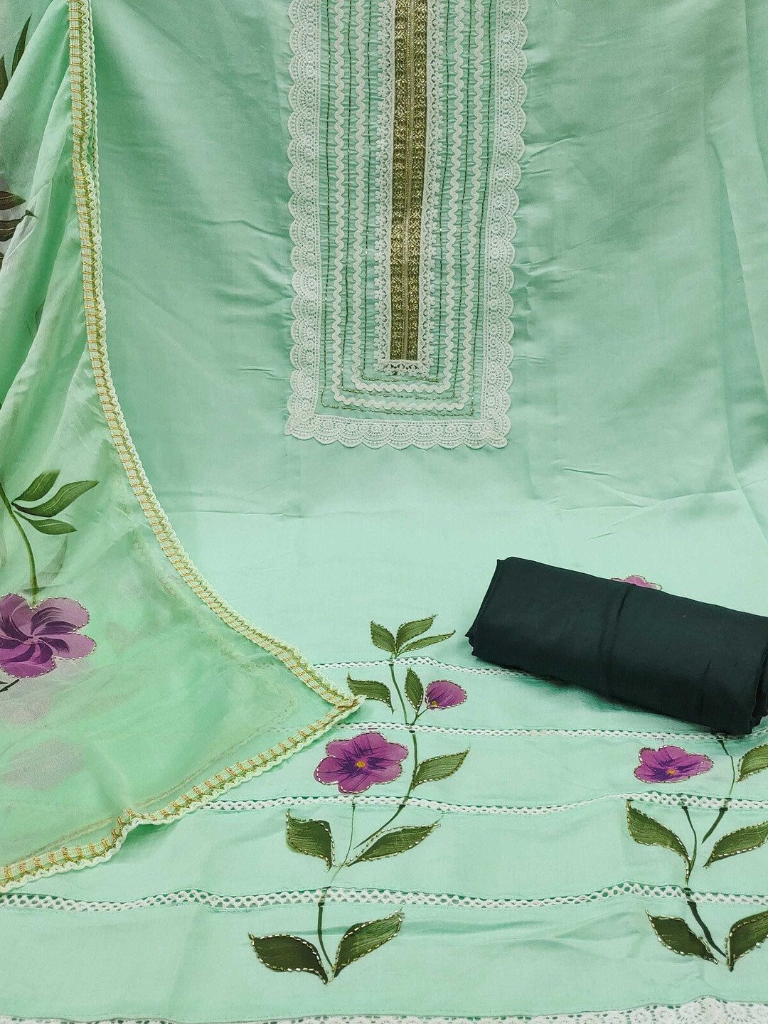 KALINI Cotton Blend Green Embellished Dress Material