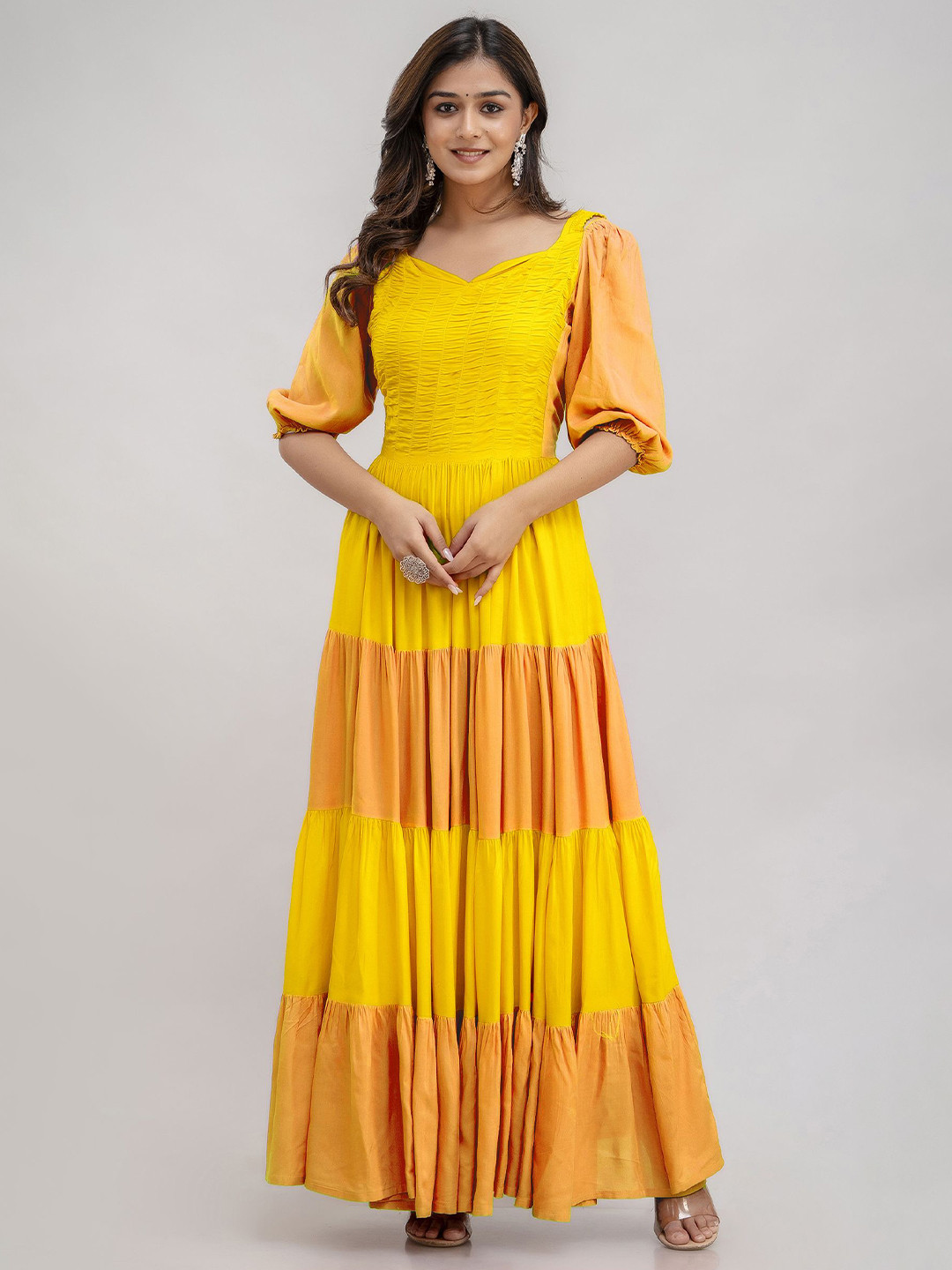 Jaipurite Women Colourblocked Puff Sleeves Anarkali Kurta
