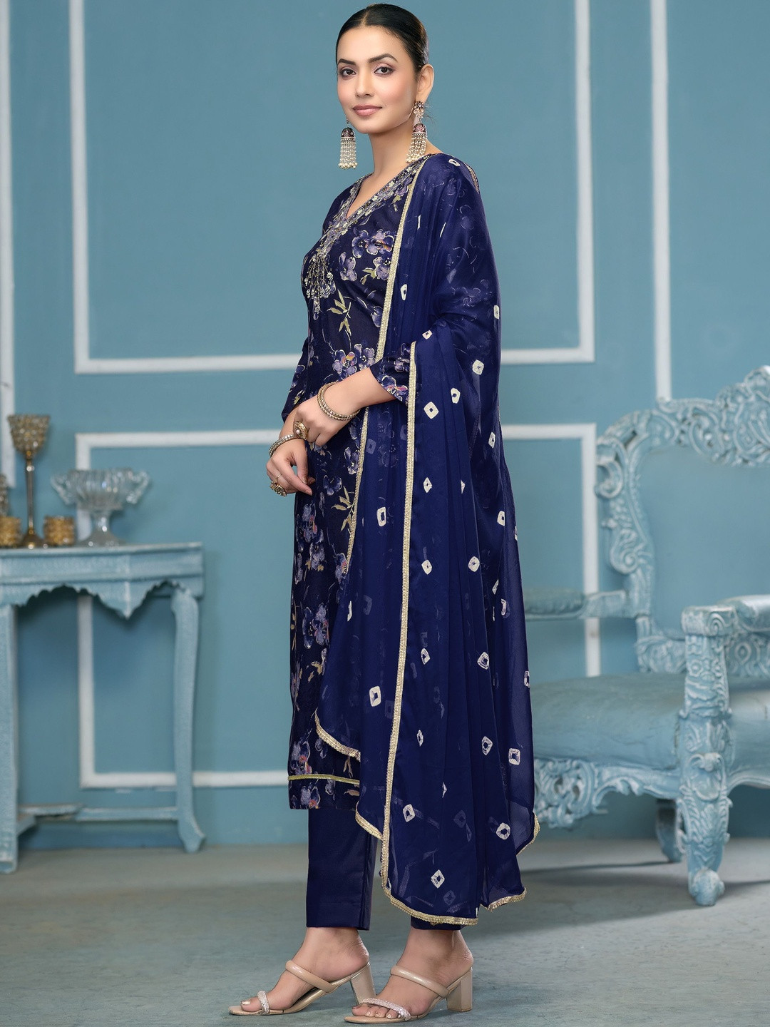 KALINI Cotton Blend Blue Embellished Dress Material