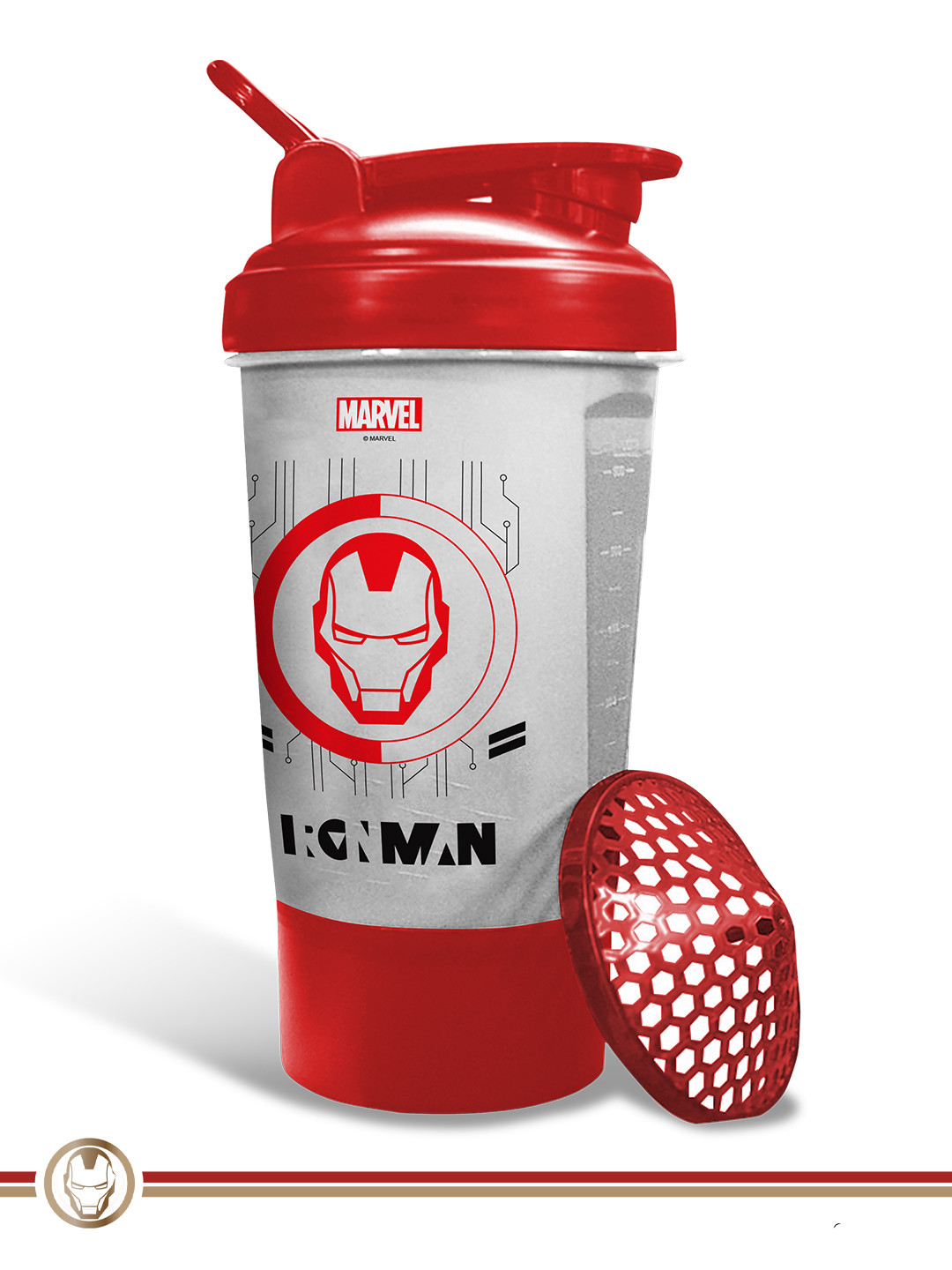 PowerMax Fitness Red Marvel Iron Man Printed Protein Gym Shaker Water Bottle - 600ml