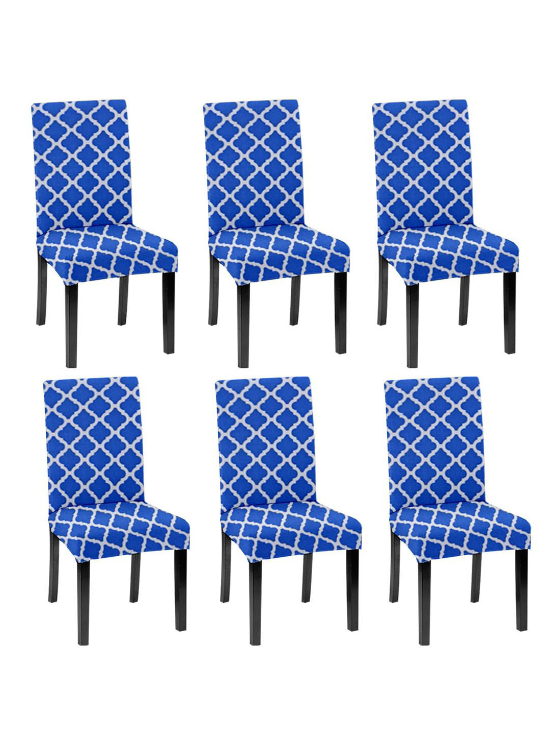 Lazi 200 GSM 6 Pieces Blue & White Diamond Printed Stretchable Dining Chair Covers