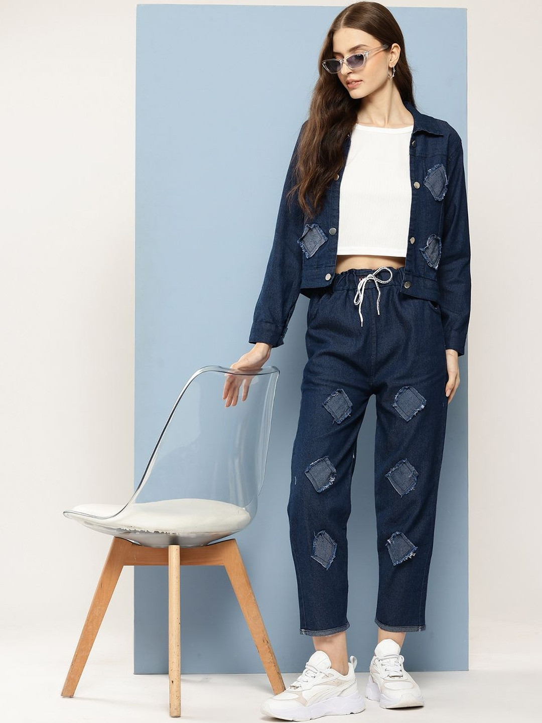 CORSICA Women Navy Blue Patch Work Detail Casual Denim Co-Ords Set