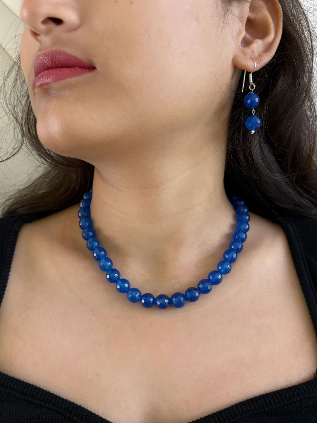 Gehna By  Beadazzled Silver-Plated Blue Jade Beaded Jewellery Set