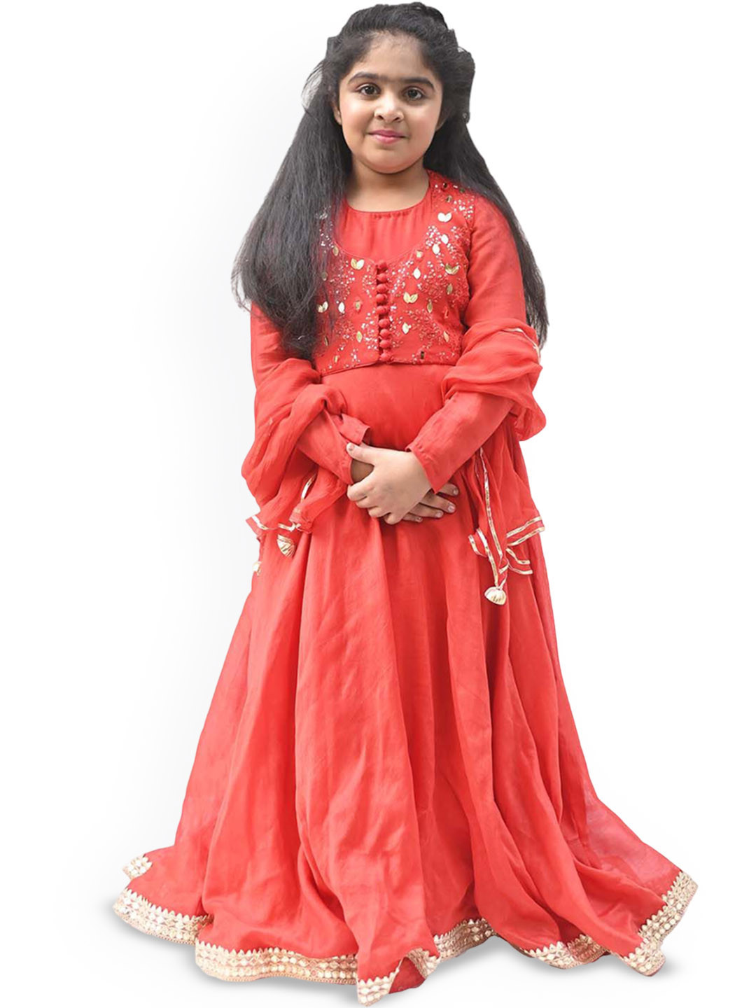 Alyaansh Couture Girls Embroidered Chanderi Cotton Koti With Anarkali Ethnic Dress