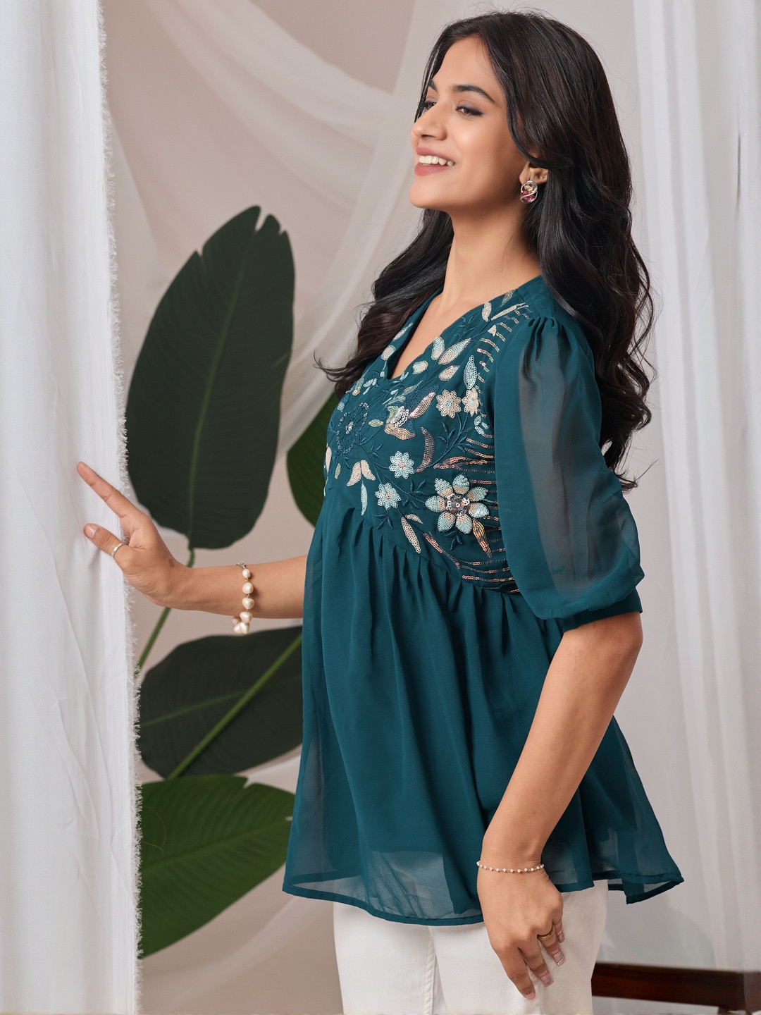 ZELZIS  Women Teal Georgette Floral Work Tunic Top
